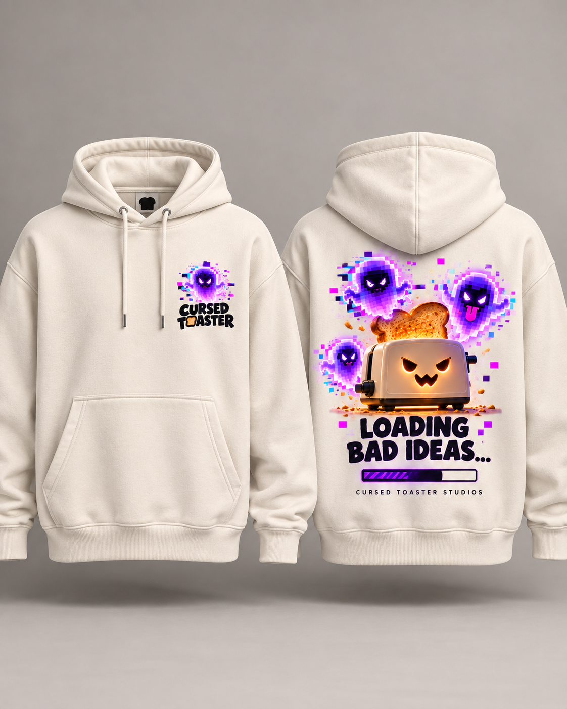 Cream Loading Bad Ideas hoodie concept, with front and back views